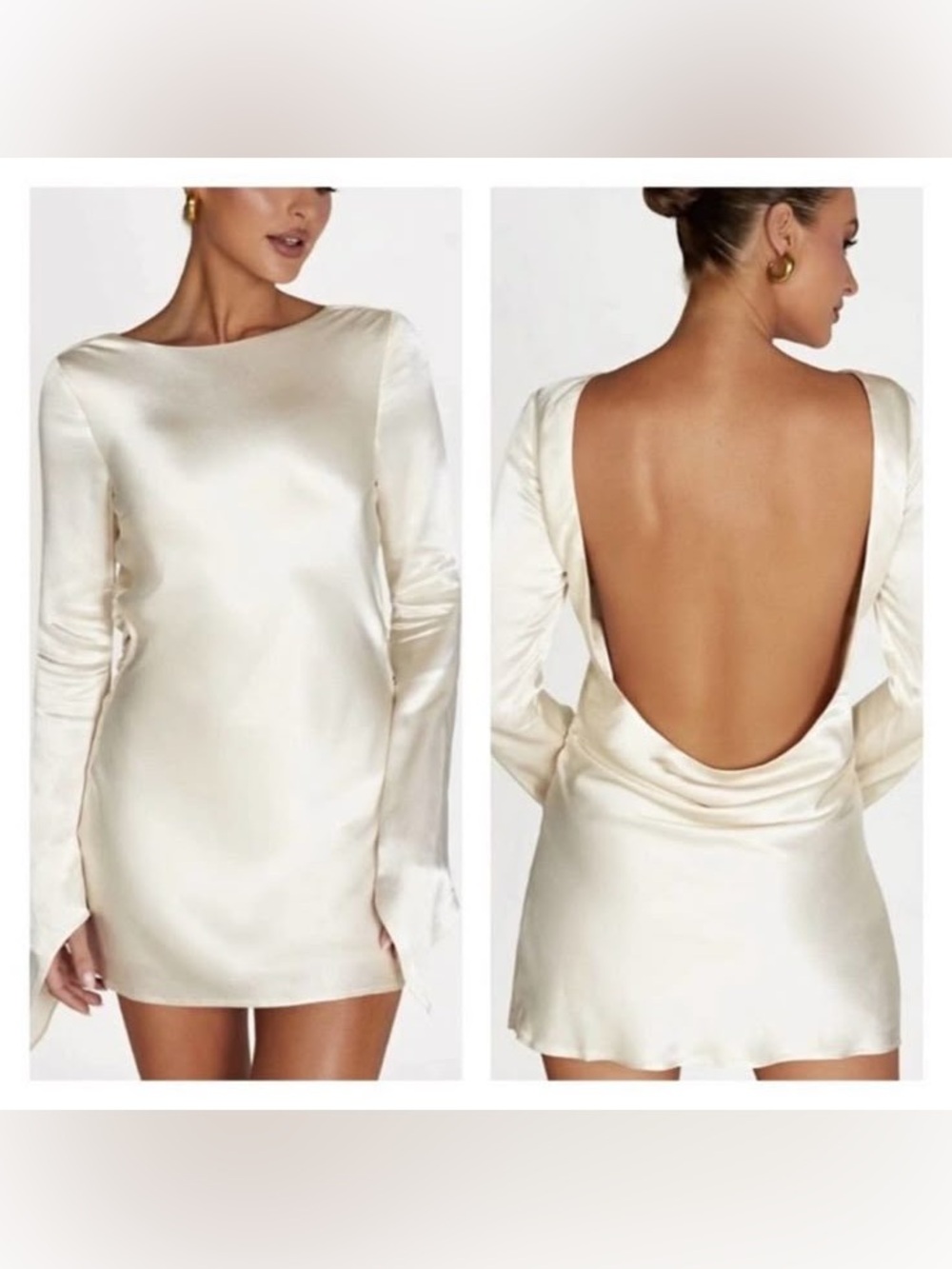 Meshki Davina Elegant Satin Long-Sleeve Backless Mini Dress in Ivory